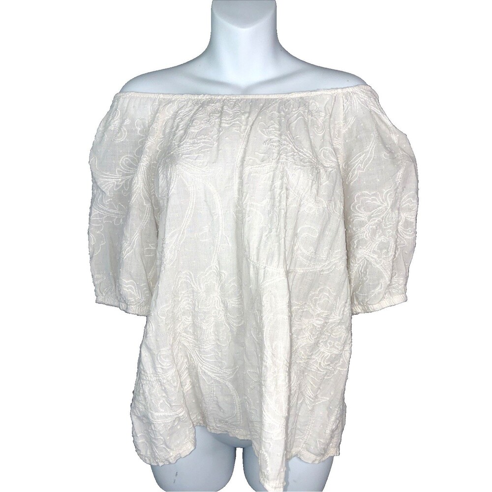 Terzo Millennio Italy Cotton Embroidered Off Shoulder Top Medium Ivory Peasant